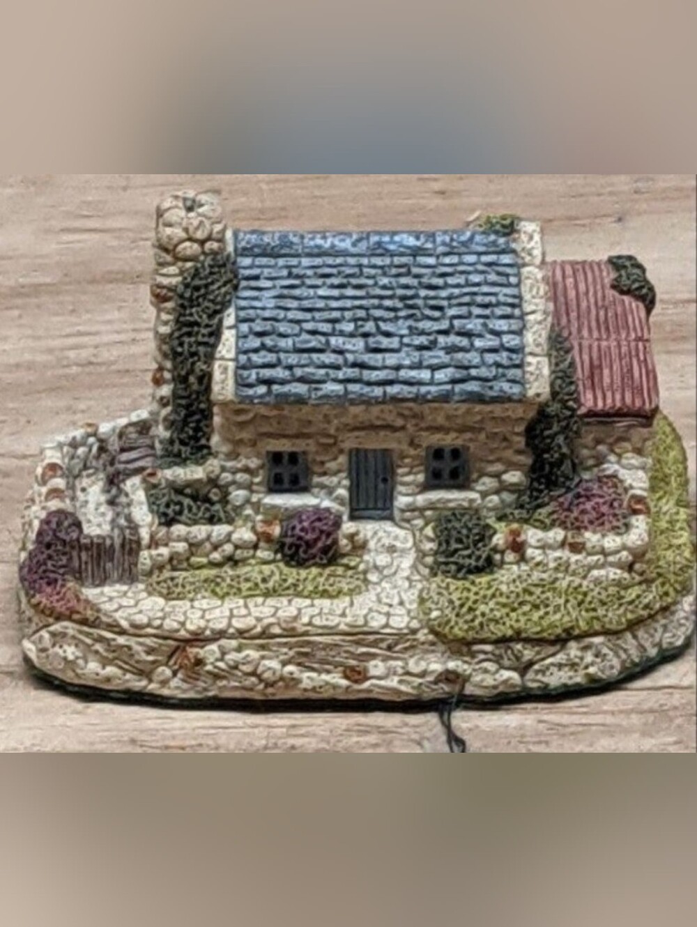 Handcrafted Miniature Stone Cottage Home Art in Blue and Cream